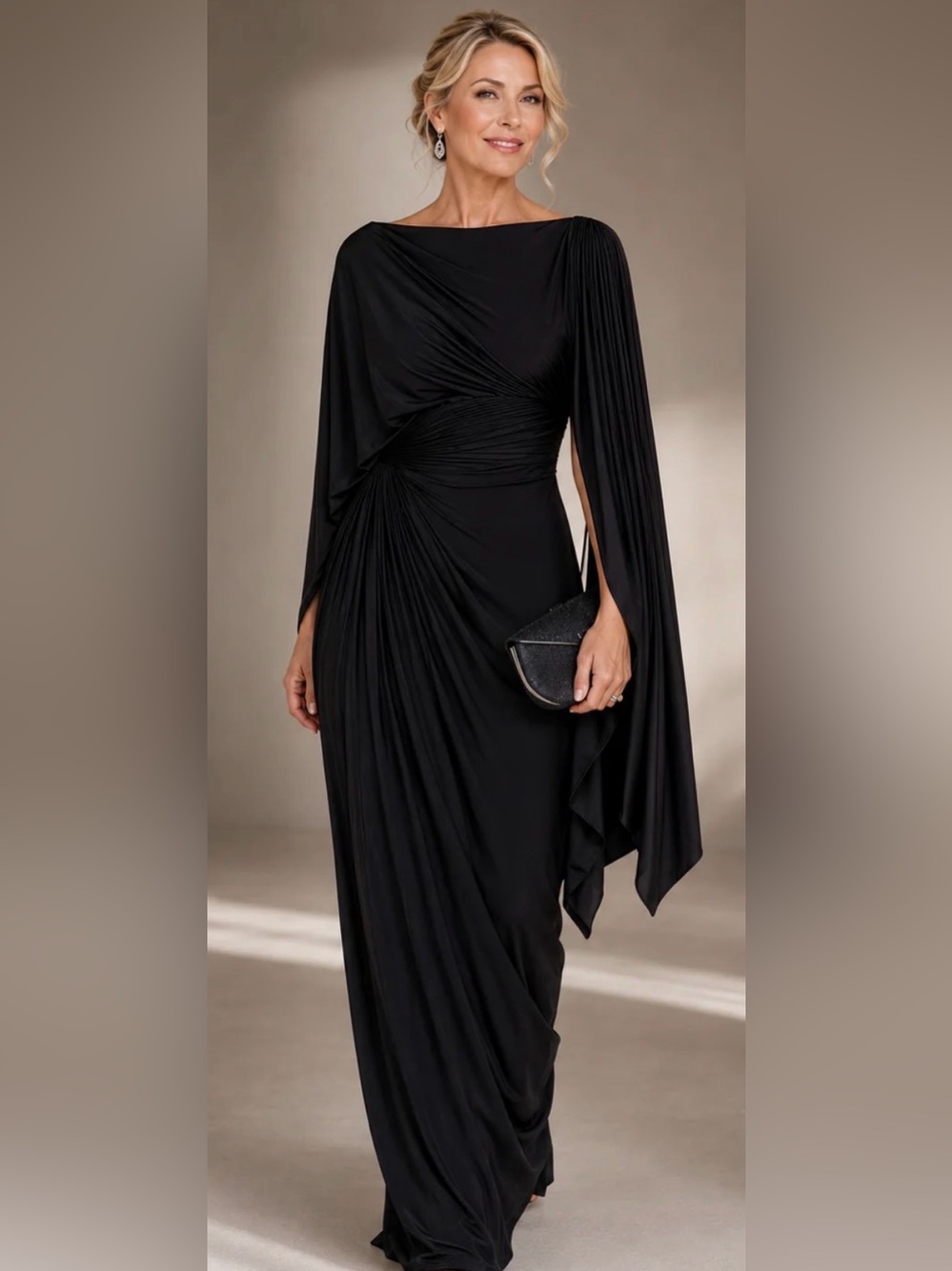 Elegant Black Draped Evening Gown